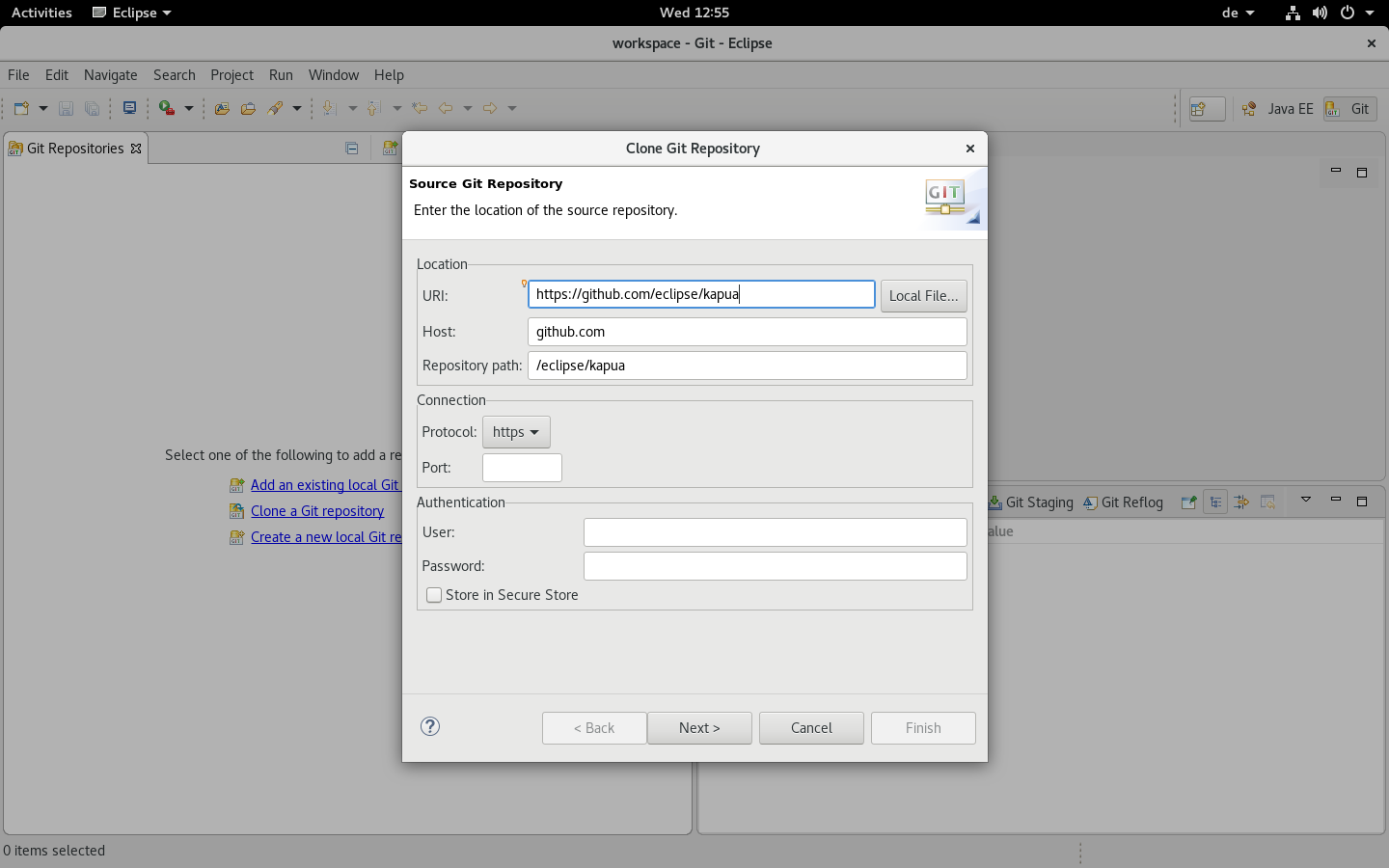 Screenshot of git clone dialog